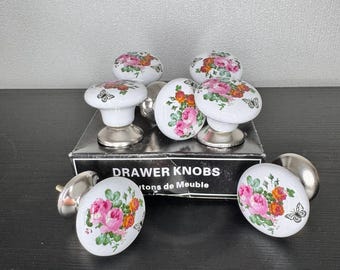 Set di 7 pomelli per cassetti in porcellana vintage, pomelli floreali a forma di farfalla rosa