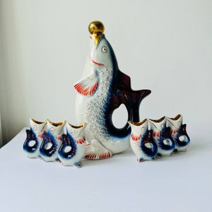 Fish Decanter Ukrainian Drinking Set Porcelain fish Carafe Vodka Whiskey Shot Glasses Christmas gift for him couple Vintage barware