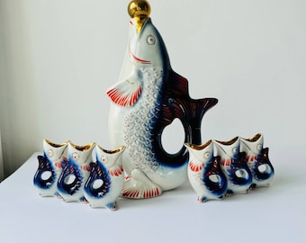 Fisch Dekanter Ukrainischen Trink Set Porzellan Fisch Karaffe Wodka Whisky Schnapsgläser Weihnachtsgeschenk für ihn paar Vintage Barzubehör
