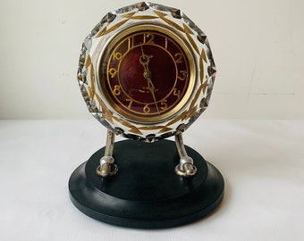 Ukrainian Vintage USSR Mechanical Table Clock: Art Deco Majak Cut Crystal