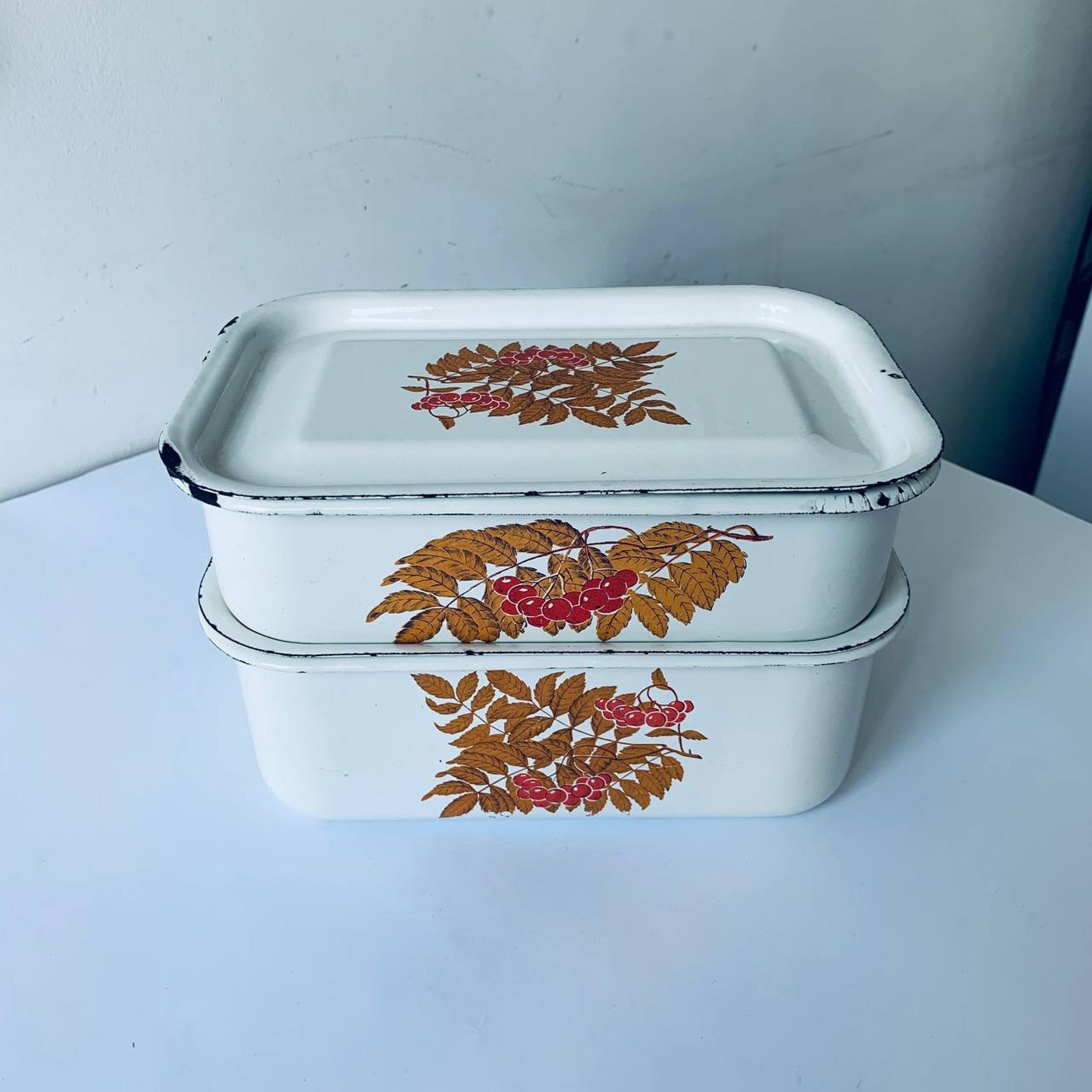 Vintage Enamelware Food Container Set: White Enamel Refrigerator Boxes ...