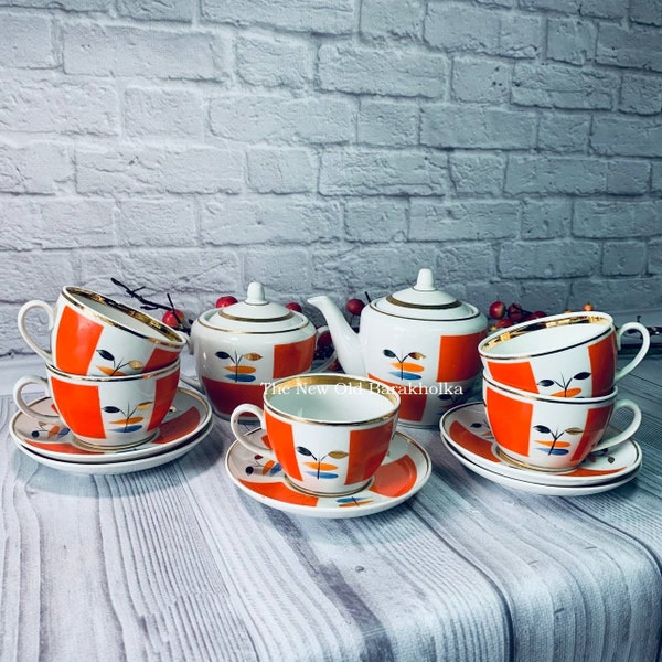 Soviet tea set,Vintage porcelain set,Tea set for 5,Tea serving set,ussr tea set,Coffee set,Polonsky Porcelain Factory,Retro kitchenware