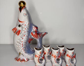 Vintage Ceramic Fish Decanter Set, Ukrainian Liquor Bottle with Shot Glasses, Barware Decor