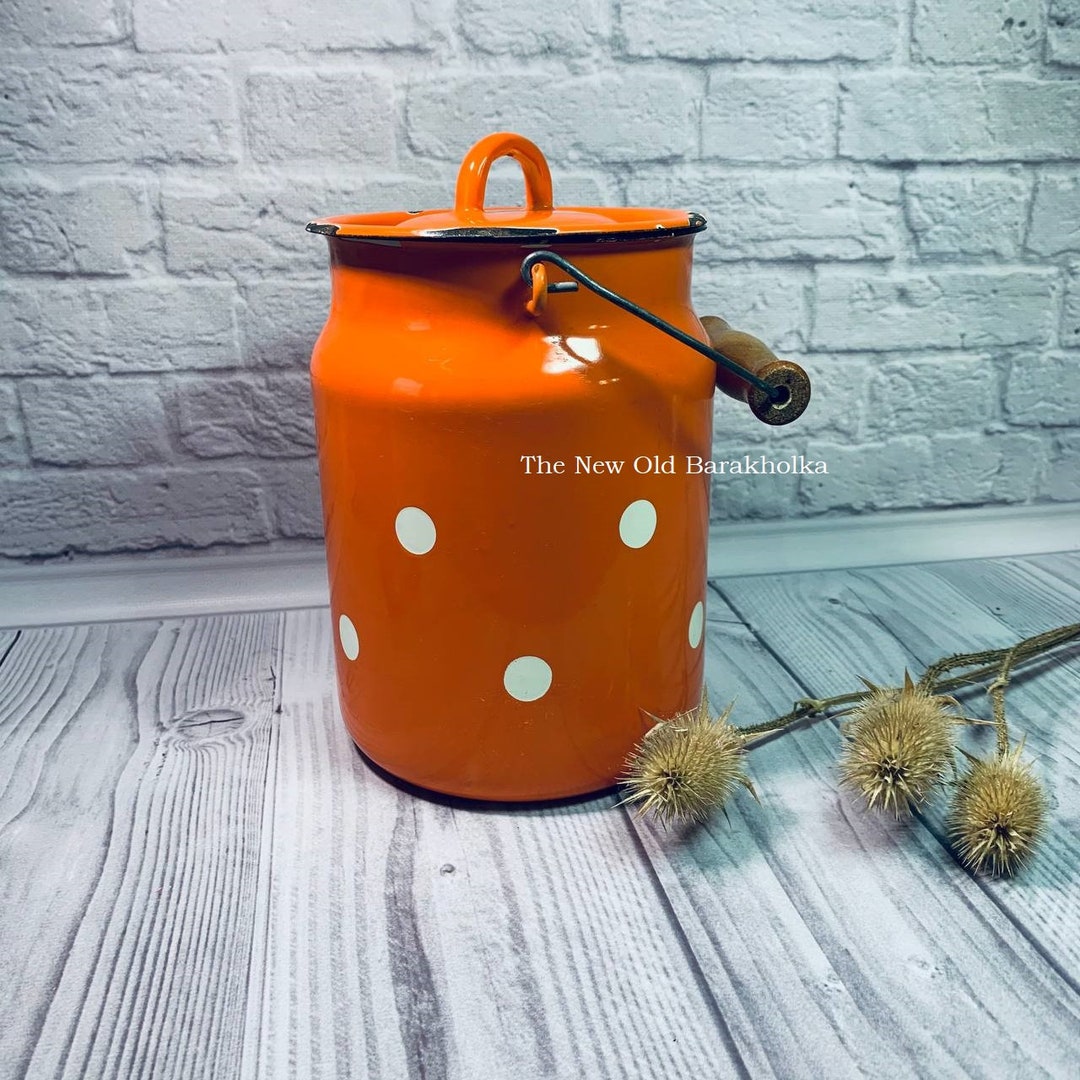 Vintage Enamel Milk Can, Enamel Milk Pail, Polka Dot Enamelware, Wooden