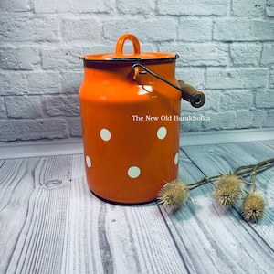 Vintage enamel milk can, Enamel milk pail, Polka dot enamelware, Wooden handle, Orange polka dot, Red polka dot enamel, Enamel milk can