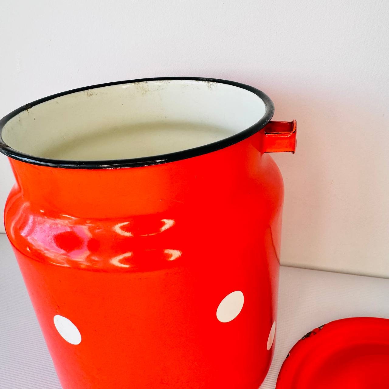 Vintage Enamel Milk Can, Enamel Milk Pail, Polka Dot Enamelware, Wooden