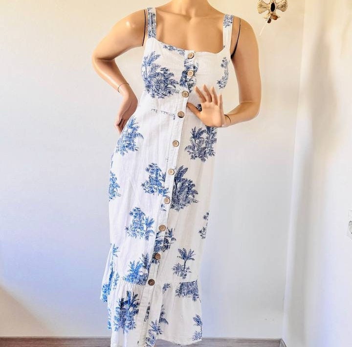 Vintage 90s Floral Cotton Midi Dress: White & Blue Summer Boho