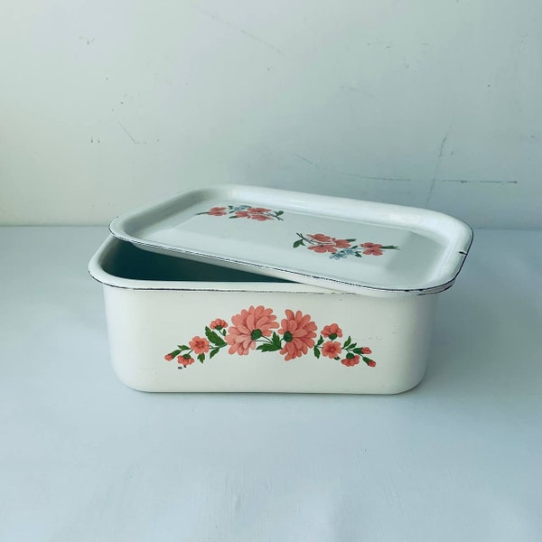 Enamel food containers Vintage Enamelware Containers with Lid Metal Box Food Storage Food Container Refrigerator White Enamel Box with lid