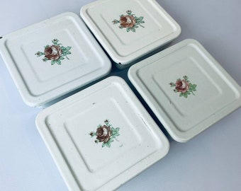 Set of 4 food containers Vintage Enamelware Containers with Lid Metal Box Food Storage Food Container Refrigerator White Enamel Box with lid