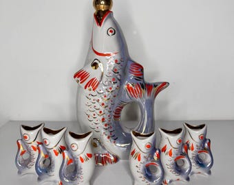 Unique Rare and Exclusive Fish Decanter Ukrainian Drinking Set Porcelain fish Carafe Vodka Whiskey Shot Glasses Christmas Vintage barware