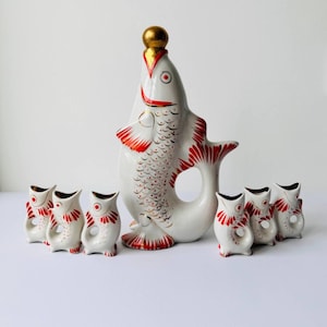 Fish Decanter Ukrainian Drinking Set Porcelain fish Carafe Vodka Whiskey Shot Glasses Christmas gift for him couple Vintage barware