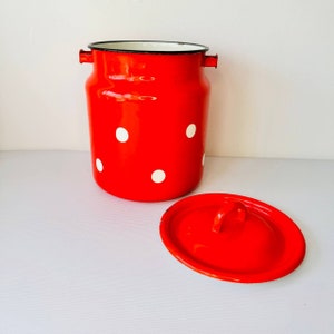 Vintage enamel milk can, Enamel milk pail, Polka dot enamelware, Wooden handle, Orange polka dot, Red polka dot enamel, Enamel milk can