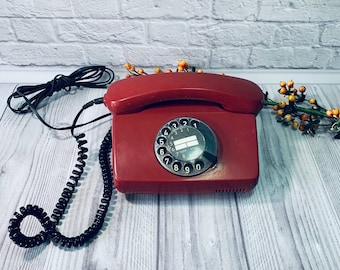 Ukrainian Burgundy Vintage Rotary Phone: Retro Landline Decor