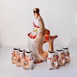 Fish Decanter Ukrainian Drinking Set Porcelain fish Carafe Vodka Whiskey Shot Glasses Christmas gift for him couple Vintage barware