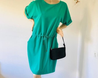Vintage 90s Green Midi Dress: Poly Viscose Summer Dress