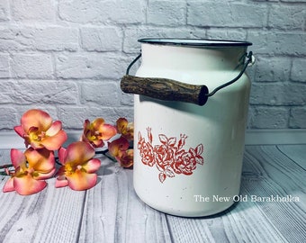 Vintage Red Enamel Milk Can, White Polka Dots, Rustic Farmhouse