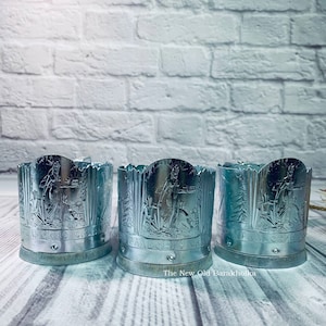 Set 3 theeglashouders, aluminium theekophouders, vintage bekerhouder, Podstakannik URAL FAIRY TALES, Sovjet-theeglashouder, metalen glazen houder