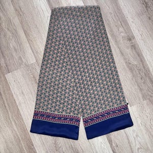 Men&#39;s Vintage Geometric Scarf Original Retro Beige Blue Geometric Silk Necktie Mid Century Cravat Scarf Ornate Double Psychedelic Long Scarf