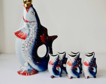 Fish Decanter Ukrainian Drinking Set Porcelain fish Carafe Vodka Whiskey Shot Glasses Christmas gift for him couple Vintage barware