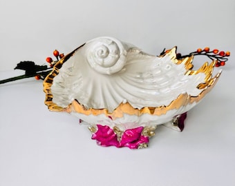Vintage Porcelain Seashell Bowl: Gold Trim Candy Dish, USSR Decor