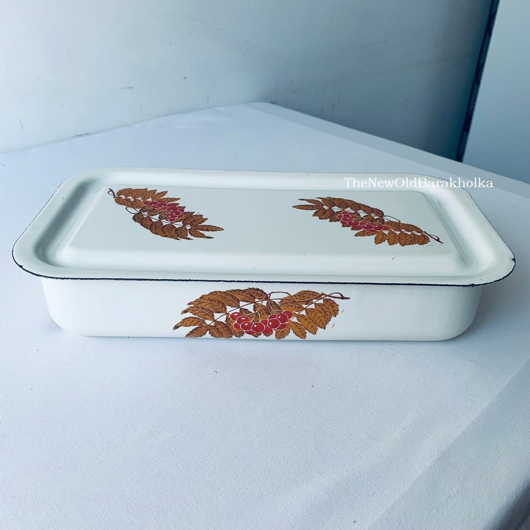 White Enamel Box With Lid and Blue Cornflowers Vintage Enamelware Food Container Refrigerator