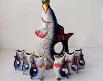 Fish Decanter Ukrainian Drinking Set Porcelain fish Carafe Vodka Whiskey Shot Glasses Christmas gift for him couple Vintage barware