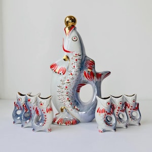 Fish Decanter Vintage glassware Ceramic fish bottle Carafe Ukrainian Drinking Set Porcelain Vodka Whiskey Shot Glasses Birthday gift for dad