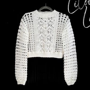 Puede incluir: Suéter de crochet blanco con mangas largas y corte corto. El suéter tiene un delicado patrón de calado.