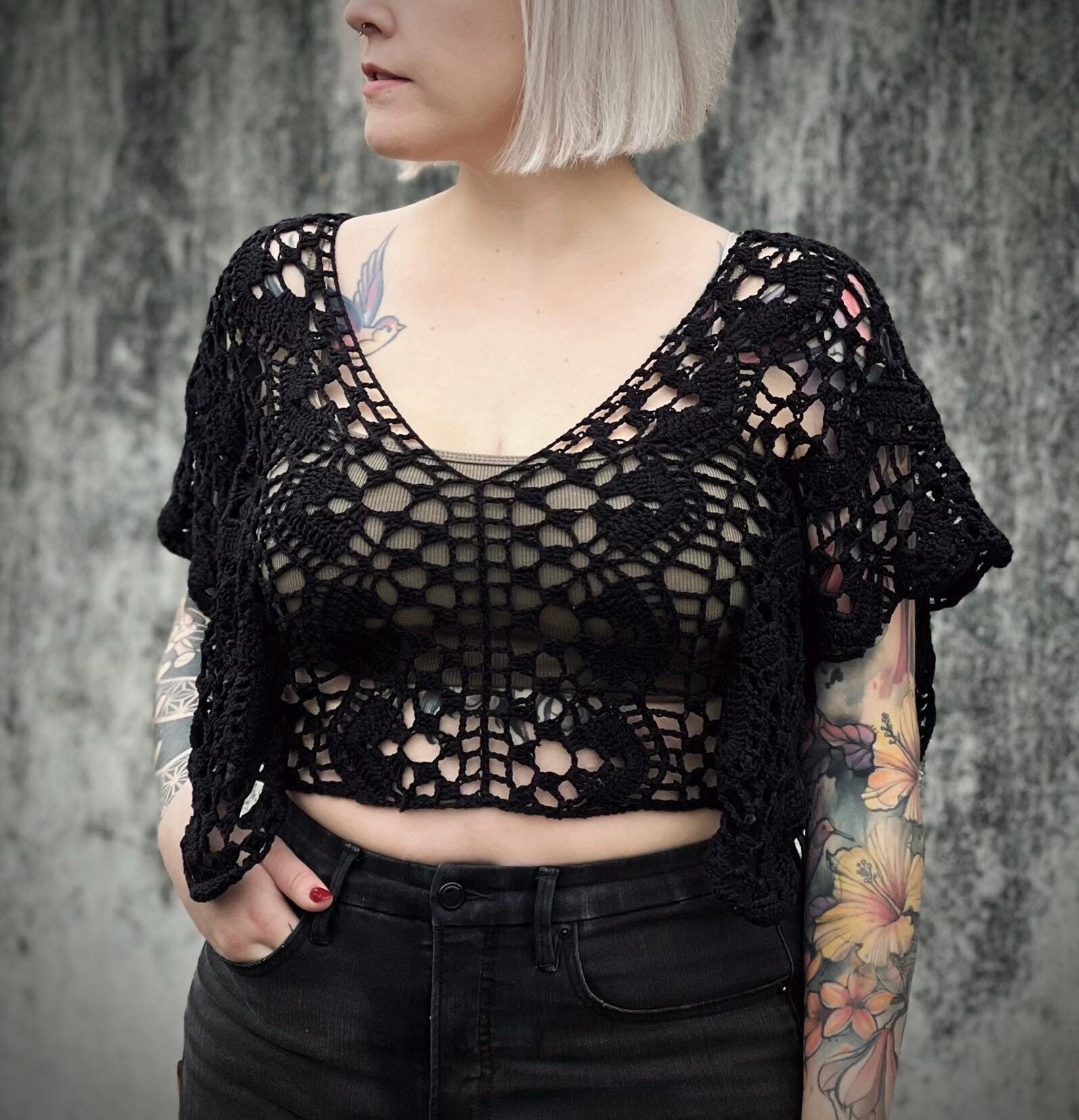 andmary Crochet frill knit tops ブラック ANDMARY】Crochet frill knit tops