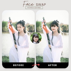 Puede incluir: Imagen antes y después que muestra un intercambio de rostro. La imagen de la izquierda muestra a una mujer con un vestido blanco sosteniendo una espada. La imagen de la derecha muestra a la misma mujer en la misma pose, pero con una cara diferente.