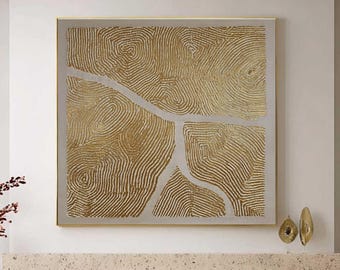 Unique Abstract Gold Leaf Oil Painting, Textured Topographic Swirl Wall Art, Elegant Metallic Lines On Canvas, Modern Neutral Home Decor