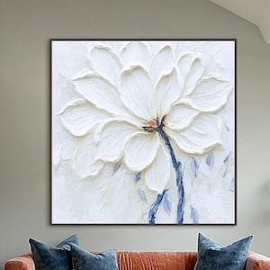 Original Textured White Flower Painting, 3D Floral Wall Art, Minimalist Impasto Canvas Art, Modern Artwork, Large Square Art For Living Room