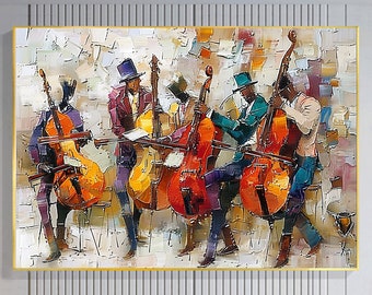 Grand groupe de jazz abstrait peinture à l'huile sur toile art mural, musique jazz noire originale art orchestre peinture décoration de mode décoration de salon