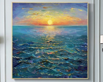 Original Ocean Oil Painting on Canvas Large Abstract Textured Sea Landscape Sunrise Seascape Wall Art Custom Modern Trendy Living Room Decor