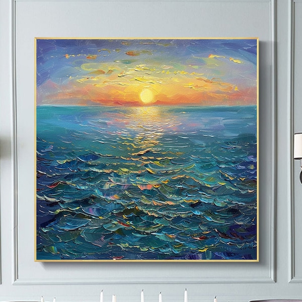 Original Ocean Oil Painting on Canvas Large Abstract Textured Sea Landscape Sunrise Seascape Wall Art Custom Modern Trendy Living Room Decor