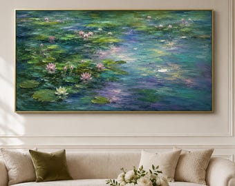 Blue Green Water Lily Art, Pond Painting, Nature Wall Decor