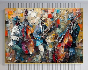 Groot abstract jazzband olieverfschilderij op canvas muurkunst, originele zwarte jazzmuziek kunst aangepast schilderij mode decor woonkamer interieur
