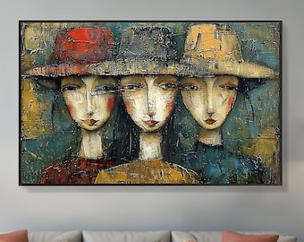 Dipinto a olio originale su tela per bambine, grande arte murale, pittura astratta di figure, arte murale moderna per soggiorno