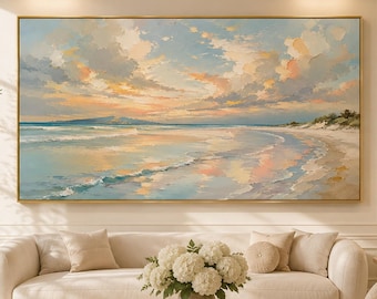 Coastal Oil Painting, Pastel Beach Seascape, Blue Ocean Wall Art