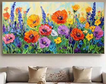 Original Vibrant Flower Oil Painting, Bright Spring Botanical Wall Art, Thick Textured Colorful Floral On Canvas, Modern Living Room Decor