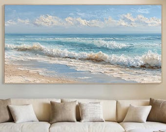 Textured Ocean Waves Oil Painting, Coastal Beach Seascape Canvas Art, Modern Nature Home Decor