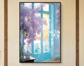 Wisteria Window Oil Painting, Lavender Floral Wall Art, Serene Cottagecore Decor