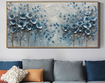 Original Blossom Tree Oil Painting on Canvas, Large Abstract 3D Textured Blue Floral Wall Art Custom Modern Fashion Living Room Home Decor
