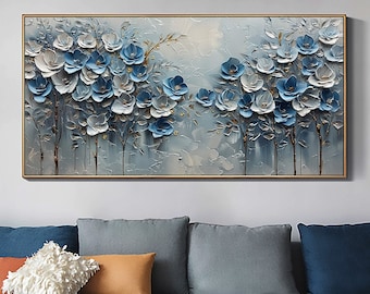 Original Blue Floral Oil Painting on Canvas, Large Abstract 3D Textured Blossom Flower Wall Art Custom Modern Fashion Living Room Home Decor