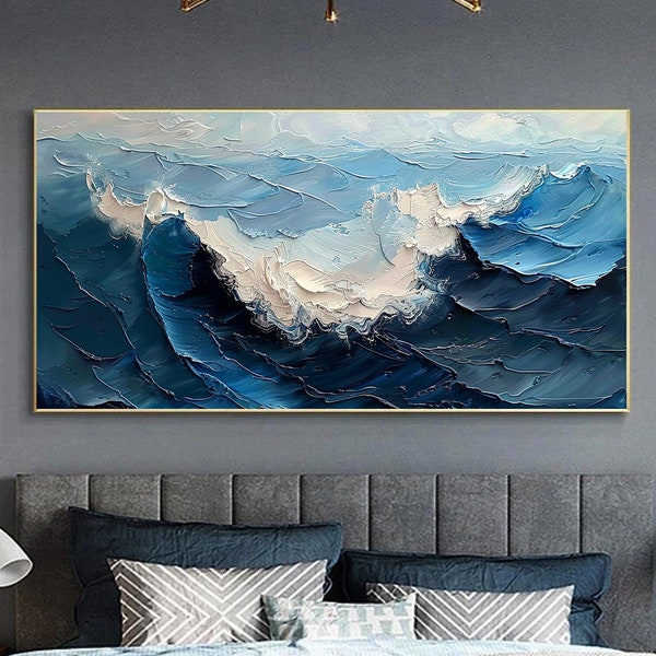 Abstract Ocean Oil Painting on Canvas Original Large Textured Blue White Sea Wave Wall Art Custom Modern Boho Fashion Living Room Home Decor