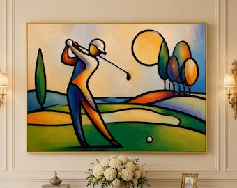 Golf Oil Painting, Colorful Golfer Wall Art, Modern Sports Canvas