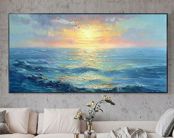 Original paysage marin peinture à l'huile sur toile grand abstrait texturé mer paysage lever de soleil océan art mural personnalisé moderne tendance salon décoration