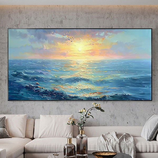 Original Seascape Oil Painting on Canvas Large Abstract Textured Sea Landscape Sunrise Ocean Wall Art Custom Modern Trendy Living Room Decor