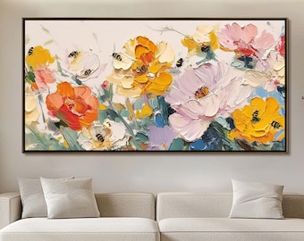 Abstract Flower Oil Painting On Canvas, Large Wall Art, Colorful Blossom Painting, Original Texture Floral Painting, Living Room Home Decor