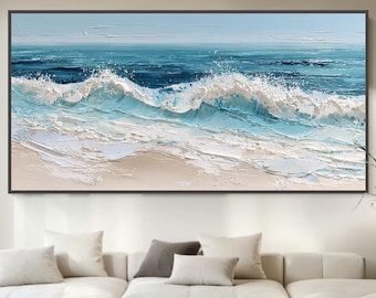 Large Original Ocean Wave Oil Painting, Abstract Blue Seascape  Canvas Art, Impasto Textured Coastal Wall Art For, Modern Living Room Decor